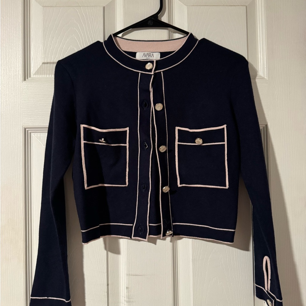Aurora Navy Cropped Cardigan with Pink Trim